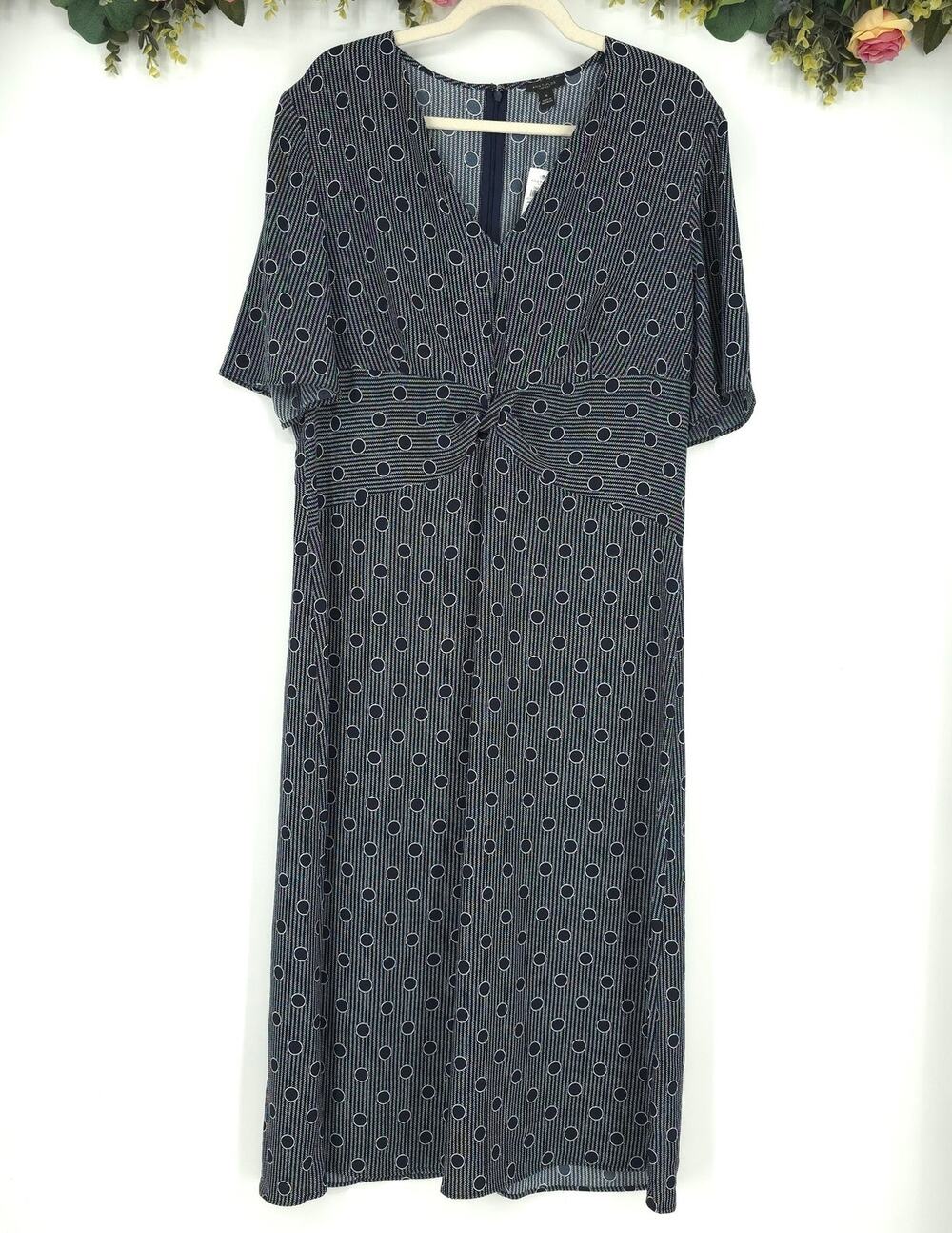 Ann Taylor Factory Navy and White Polka Dot Plus Size Midi Dress Size 16 NWT